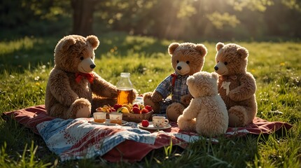 A cozy scene of a teddy bear picnic in a sun-dappled meadow, surrounded by laughter and joy ai_generated