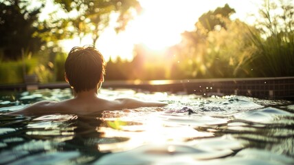 Person relaxing in pool at sunset, surrounded by lush greenery