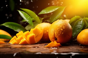 Isolated mango. Fresh organic mango with leaves isolated clipping path. Mango macro studio photo, generative ai