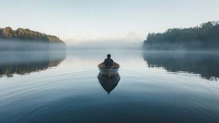 Person in boat on calm lake surrounded by mist and trees