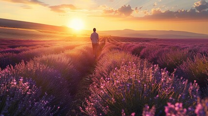 Person walking through lavender field at sunset, enjoying nature and peace