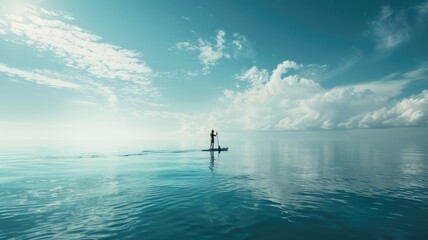Person paddleboarding on calm, serene ocean with blue sky and clouds