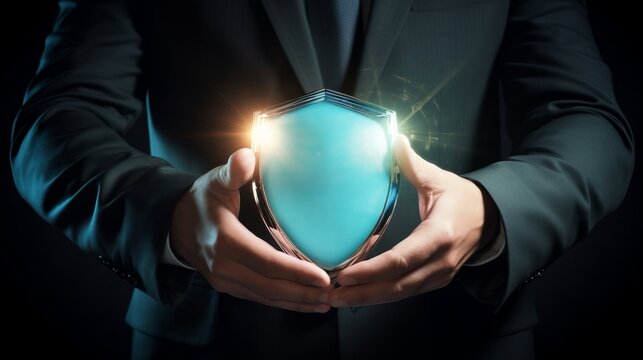 Businessman's hands holding a glowing shield, symbolizing protection, security, and safety in a dark background.