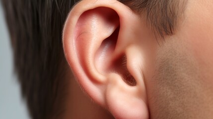 Close-up of a human ear showcasing the details of the outer ear structure. Ideal for medical and educational content.