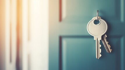 Close-up of a pair of keys hanging from a door lock, symbolizing security, access, and home ownership concepts. Sunlight in the background.