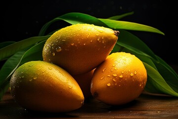 Isolated mango. Fresh organic mango with leaves isolated clipping path. Mango macro studio photo, generative ai