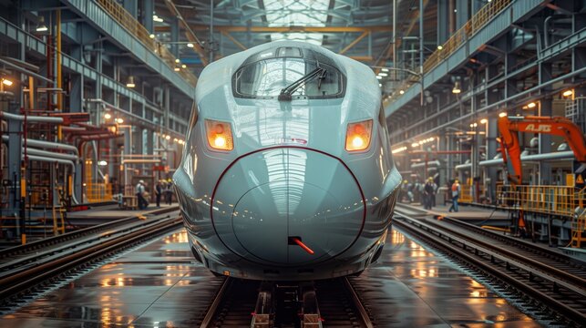 High-Speed Train in Industrial Maintenance Depot. Front view of a high-speed train parked in an industrial maintenance depot, highlighting modern engineering and transportation technology.