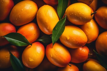 Isolated mango. Fresh organic mango with leaves isolated clipping path. Mango macro studio photo, generative ai