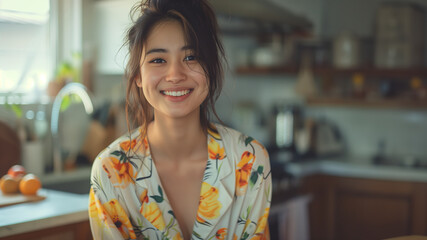Happy Asian Woman in Floral Pajamas in Kitchen. Cheerful Eastern Asian woman in floral pajamas smiling brightly in a cozy kitchen, creating a warm and inviting morning atmosphere. - Powered by Adobe