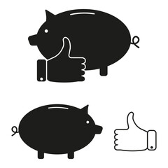 Piggy bank icon. Thumbs up symbol. Saving money vector. Black and white design.