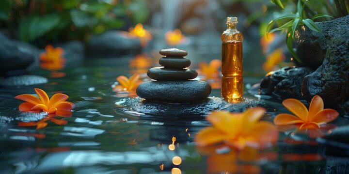 Zen Spa Setting with Aromatherapy Oil. Tranquil spa scene featuring stacked stones, aromatic oil bottle, and vibrant flowers floating in serene water.
