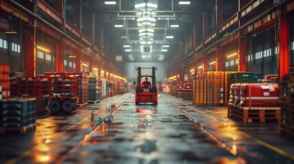 Forklift in a Busy Warehouse. Forklift operator navigating through a large warehouse filled with pallets and goods, highlighting industrial logistics operations.