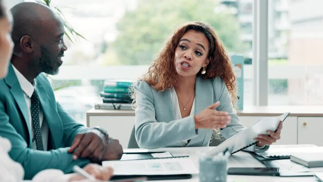 Businesspeople, meeting and team with notes in office for group with manager, planning or strategy. Workforce, analysis or collaboration with discussion for human resources in Canada with document