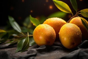 Isolated mango. Fresh organic mango with leaves isolated clipping path. Mango macro studio photo, generative ai