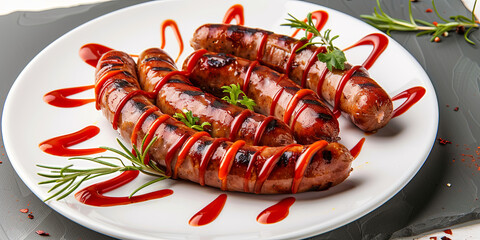 sausages drizzled with hot sauce on white plate, generative AI