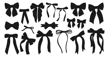 Ribbon bows silhouette set. Various shape cartoon bow knot gift tape ribbon, hair accessory. Trendy elegant adornment for Valentines Day, wedding celebration birthday decoration. Vector illustration