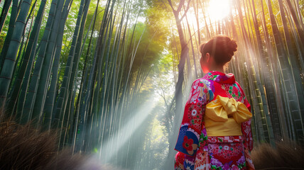 Fototapeta premium 嵐山の竹林を歩く浴衣姿の若い女性