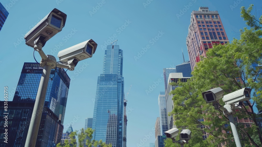 Poster Security cameras on poles overlooking a cityscape. Advanced monitoring systems ensuring public safety.