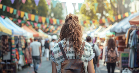 Obraz premium Woman with backpack explores colorful outdoor market on sunny day