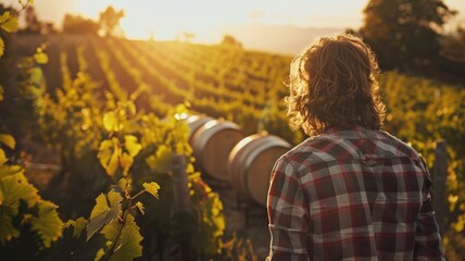 Fototapeta premium Caucasian man in plaid shirt looks over vineyard at sunset