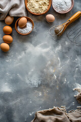 A table with a variety of ingredients, including eggs, flour, and sugar