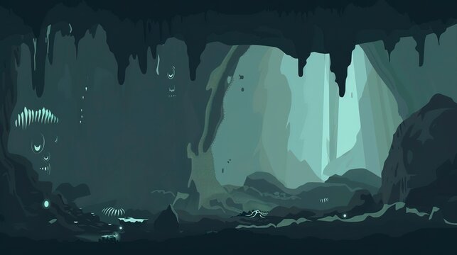 Mystical underwater cave flat design side view, underwater fantasy, animation, monochromatic color scheme
