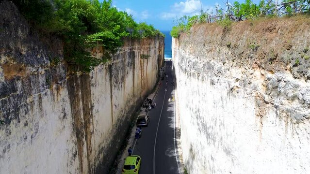 Aerial view of Tanah Barak cliffs, A must-visit viral hidden gem tourist destinantion in South Kuta, Bali, Indonesia
