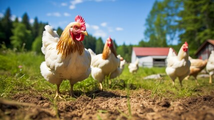 Fototapeta premium Free-range chickens roaming in a lush farm setting with greenery and a rustic barn in the background under a clear blue sky.