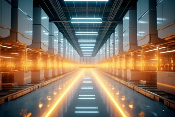 Futuristic data center with glowing lights and advanced technology, showcasing innovation in technology infrastructure and network solutions.