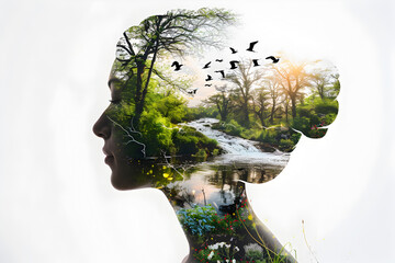 Surreal creative double exposure portrait of a woman face