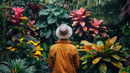 Obraz premium Person in yellow jacket and hat facing lush, vibrant tropical plants