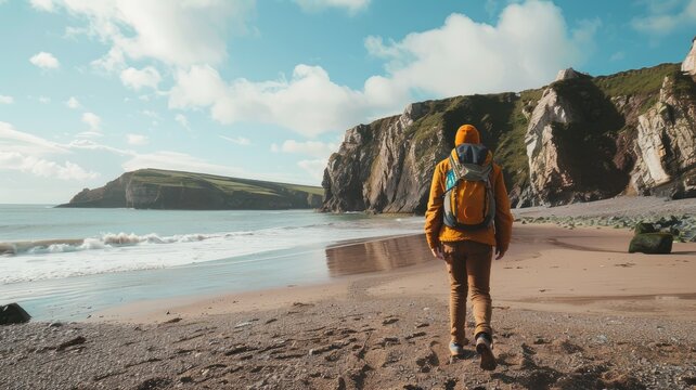 Person in yellow jacket walks on scenic beach with cliffs under blue sky clouds