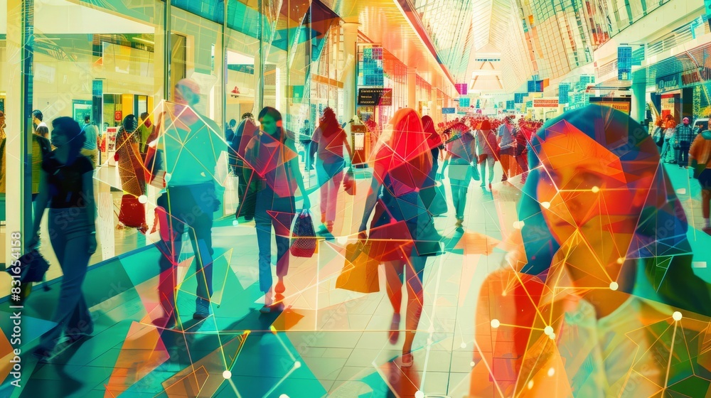 Poster colorful digital art of people walking in a busy shopping mall with a data network overlay. concept 