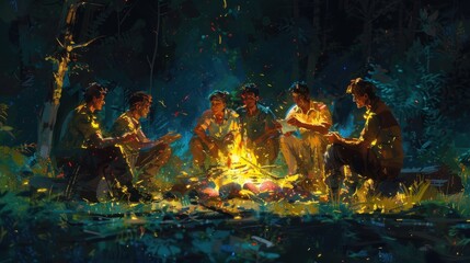 In the glow of their campfire, the explorers gather to share stories of their day's adventures, their laughter mingling with the crackle of burning embers.