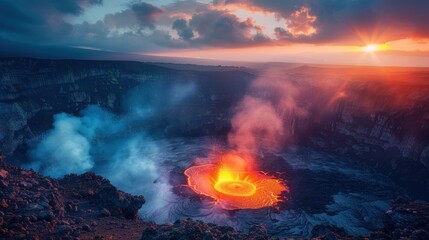 Fototapeta premium With the first light of dawn, they rise once more, eager to explore further into the heart of the volcano and uncover its hidden secrets.