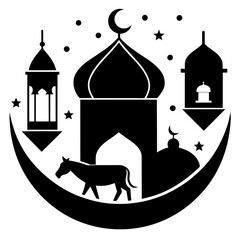 Islamic banner, Eid al Fitr, and Eid al Adha with mosque, lantern, crescent moon, camel and dates fruit vector illustration