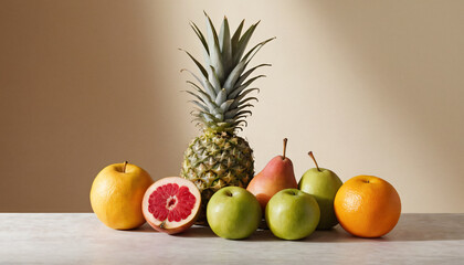 Still life a study with tropical fruits shade light green tones on the wall