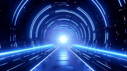 Futuristic neon tunnel with blue lights, perspective view leading to bright light center, representing technology, innovation, and advancement.