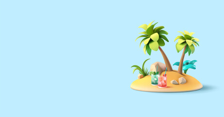 Refreshing cocktails, island, palm trees, tropical plants, 3D. Banner for concepts of summer vacation, relaxation, tropics, and enjoyment. Vector