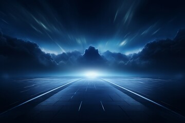 Futuristic night highway with dramatic clouds and glowing horizon. Sci-fi scenery symbolizing progress, journey, and modern technology.