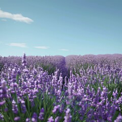 Naklejka premium A serene and super realistic image of a lavender field in full bloom with a clear blue sky, perfect lighting,