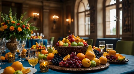 The sensory feast of a lavish banquet table adorned with exotic fruit baskets ai_generated