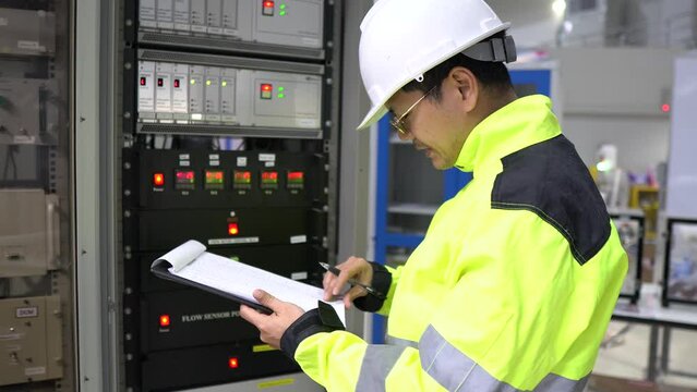 Electrical engineer inspects high-voltage electrical cabinet,Technician maintains the factory's electricity meter.