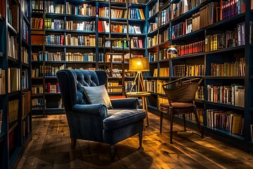 Modern library with sleek floor-to-ceiling bookshelves, a comfortable armchair in a jewel tone, and a statement lamp casting a warm glow on a reading nook.