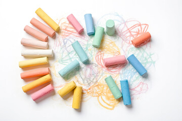 Colorful Chalk Sticks and Drawings on White Background