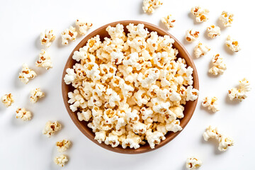 Bowl of popcorn with scattered pieces on white background