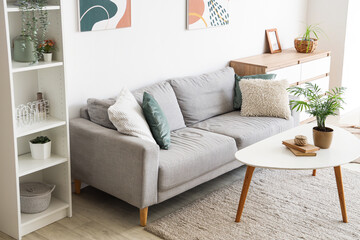 Modern interior of living room with grey sofa and houseplant on table