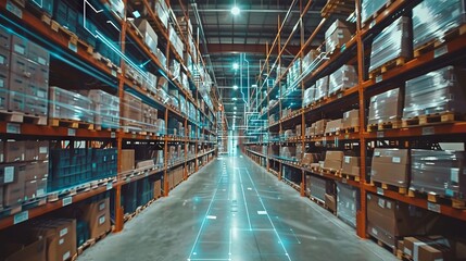 Smart warehouse management system using augmented reality technology to identify package picking and delivery . Future concept of supply chain and logistic business 