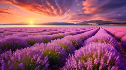 Stunning sunset over a vast lavender field with vibrant flowers, under a dynamic sky filled with colorful clouds, evoking tranquility and beauty. - Powered by Adobe
