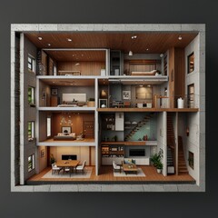 Modern home cross section, 3d rendering minimalist